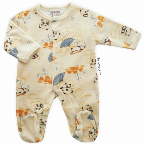 Pyjama dors bien unisexe en velours cr&egrave;me imprim&eacute; Panda