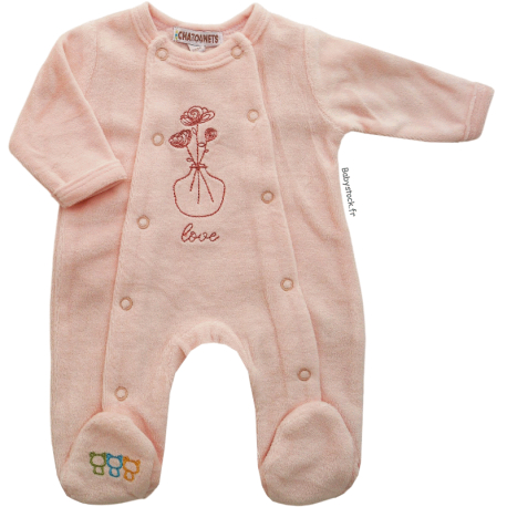 Pyjama b&eacute;b&eacute; pr&eacute;ma fille 45cm rose poudre brod&eacute; Love