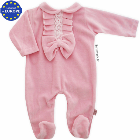 Pyjama dors bien b&eacute;b&eacute; fille velours rose &agrave; jabot dentelle et noeud