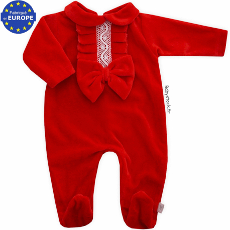 Pyjama dors bien b&eacute;b&eacute; fille velours rouge &agrave; jabot dentelle et noeud
