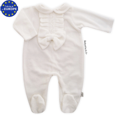 Pyjama dors bien b&eacute;b&eacute; fille velours blanc &agrave; jabot dentelle et noeud
