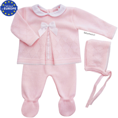Ensemble b&eacute;b&eacute; fille 3 pi&egrave;ces en maille rose et noeud satin blanc