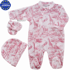 Ensemble fille pyjama bonnet moufles velours blanc Savane rose