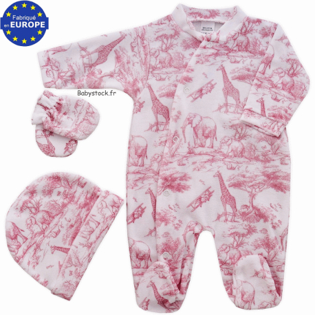  Ensemble fille pyjama bonnet moufles velours blanc Savane rose
