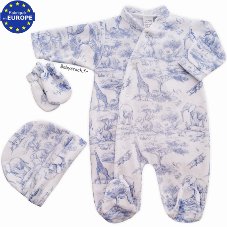 Ensemble gar&ccedil;on pyjama bonnet moufles velours blanc Savane bleu