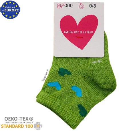 Chaussettes b&eacute;b&eacute; mixte en coton vert &agrave; coeurs