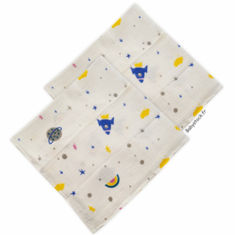 Lot 2 langes en mousseline 100% coton blanc imprim&eacute; Cosmos