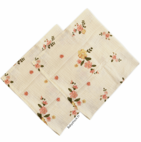 Lot 2 langes fille mousseline 100% coton cr&egrave;me imprim&eacute; Fleurs