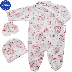 Ensemble fille pyjama bonnet moufles velours blanc Fleurs rose