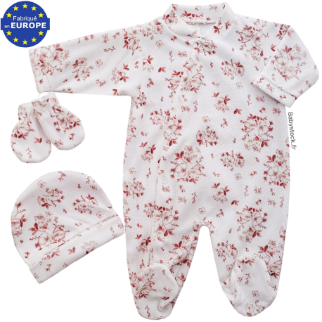 Ensemble fille pyjama bonnet moufles velours blanc Fleurs rose