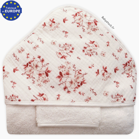 Sortie de bain b&eacute;b&eacute; avec capuche gaze coton imprim&eacute; Fleurs roses