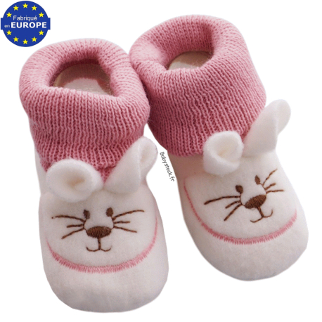 Chaussons b&eacute;b&eacute; fille en polaire &eacute;cru brod&eacute;e Souris bois de rose