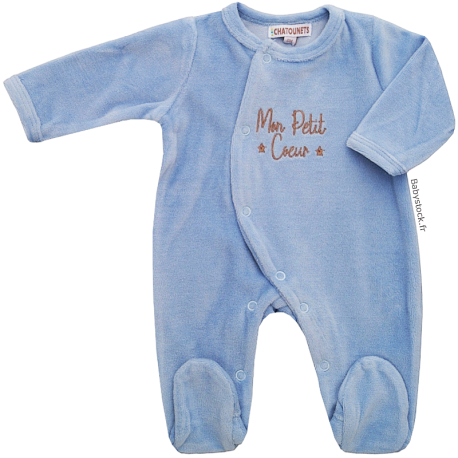 Pyjama dors bien gar&ccedil;on en velours bleu brod&eacute; Mon petit coeur