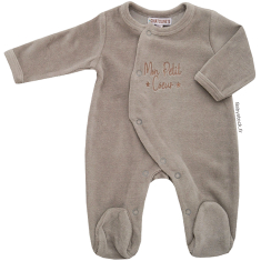 Pyjama dors bien unisexe velours gris souris brod&eacute; Mon petit coeur