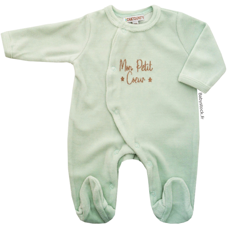 Pyjama dors bien unisexe en velours vert d'eau brod&eacute; Mon petit coeur