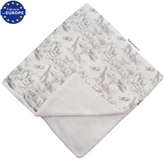 Couverture b&eacute;b&eacute; gaze imprim&eacute; Safari en Savane gris doubl&eacute; fourrure