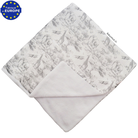 Couverture b&eacute;b&eacute; gaze imprim&eacute; Safari en Savane gris doubl&eacute; fourrure