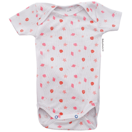 Body b&eacute;b&eacute; fille manches courtes en coton blanc imprim&eacute; coquillages roses