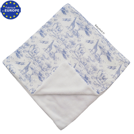 Couverture gar&ccedil;on gaze imprim&eacute; Safari en Savane bleu doubl&eacute; fourrure