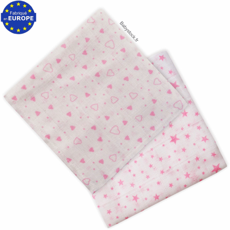 Lot 2 langes b&eacute;b&eacute; fille en coton blanc imprim&eacute; coeurs / &eacute;toiles roses
