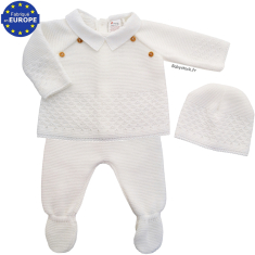 Ensemble b&eacute;b&eacute; gar&ccedil;on en maille blanc et col en piqu&eacute; 3 pi&egrave;ces