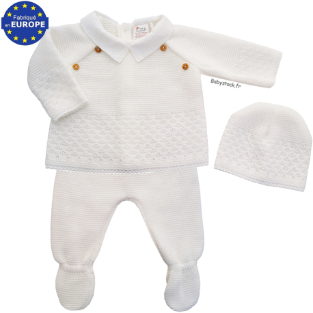 Ensemble b&eacute;b&eacute; gar&ccedil;on en maille blanc et col en piqu&eacute; 3 pi&egrave;ces