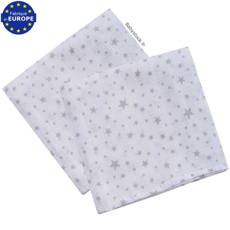 Lot 2 langes b&eacute;b&eacute; unisexe gaze coton blanc imprim&eacute; &eacute;toiles grises