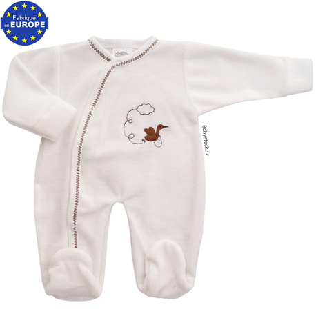 Pyjama b&eacute;b&eacute; pr&eacute;ma mixte 43cm velours blanc brod&eacute; Cigogne chocolat