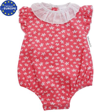 Barboteuse en coton corail &agrave; fleurs blanches et collerette plumetis