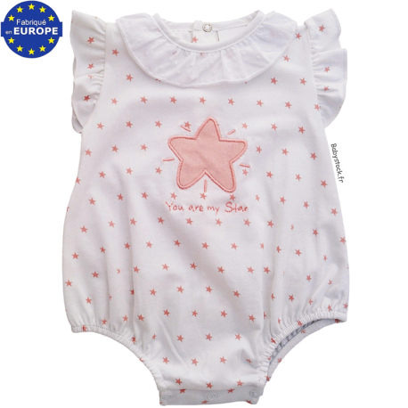 Barboteuse b&eacute;b&eacute; fille en jersey coton blanc brod&eacute; Etoile rose