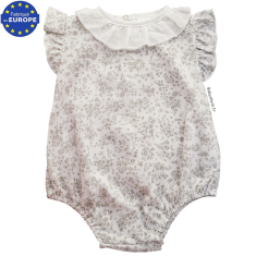 Barboteuse b&eacute;b&eacute; fille en jersey coton blanc &agrave; fleurs gris perle
