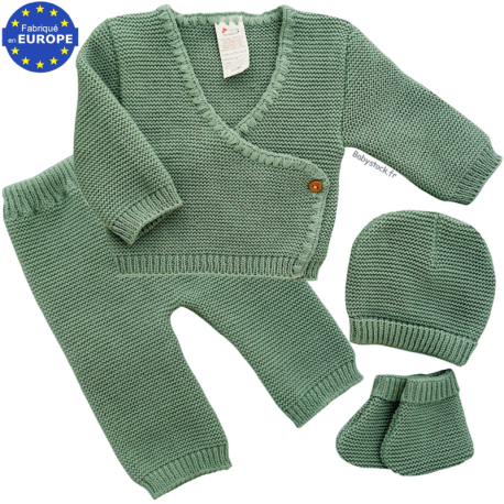 Ensemble maille 4 pi&egrave;ces brassi&egrave;re cale&ccedil;on bonnet chaussons vert