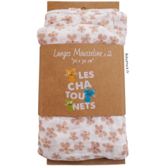 Lot 2 langes fille mousseline coton blanc imprim&eacute; Fleurs beige ros&eacute;