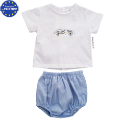 Ensemble b&eacute;b&eacute; &eacute;t&eacute; tee-shirt blanc + short bloomer vichy bleu F1