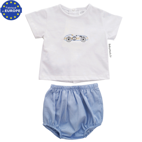 Ensemble b&eacute;b&eacute; &eacute;t&eacute; tee-shirt blanc + short bloomer vichy bleu F1