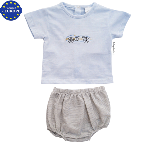 Ensemble b&eacute;b&eacute; &eacute;t&eacute; tee-shirt bleu ciel + short bloomer gris F1