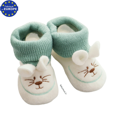 Chaussons b&eacute;b&eacute; mixte en polaire brod&eacute;e Souris &eacute;cru vert