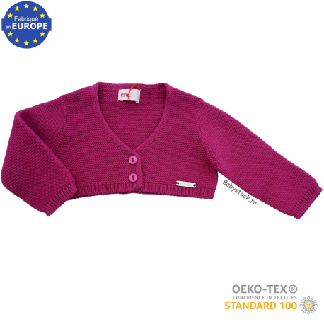 Bol&eacute;ro cardigan b&eacute;b&eacute; fille en tricot maille mousse rose fushia