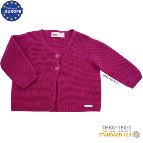 Gilet cardigan b&eacute;b&eacute; fille en tricot maille mousse rose fushia