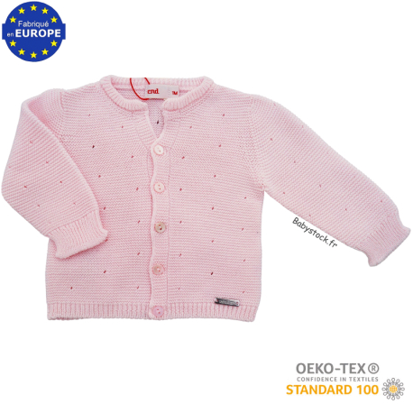 Gilet cardigan b&eacute;b&eacute; fille en tricot maille mousse ajour&eacute;e rose poudre