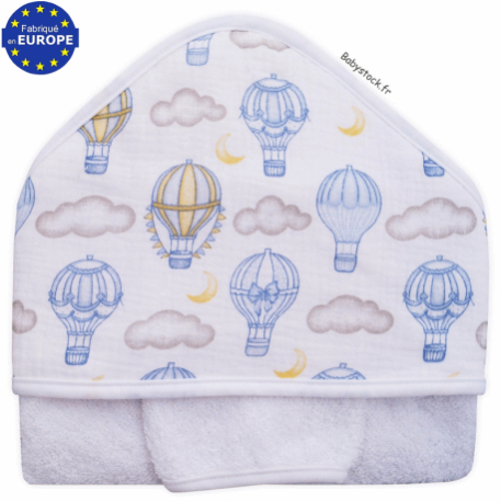 Sortie bain b&eacute;b&eacute; gar&ccedil;on &eacute;ponge et capuche gaze imprim&eacute; Montgolfi&egrave;re