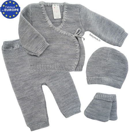 Ensemble maille 4 pi&egrave;ces brassi&egrave;re legging bonnet chaussons gris chin&eacute;