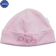 Bonnet naissance en coton rose drag&eacute;e brod&eacute; Ourson coeurs fushia