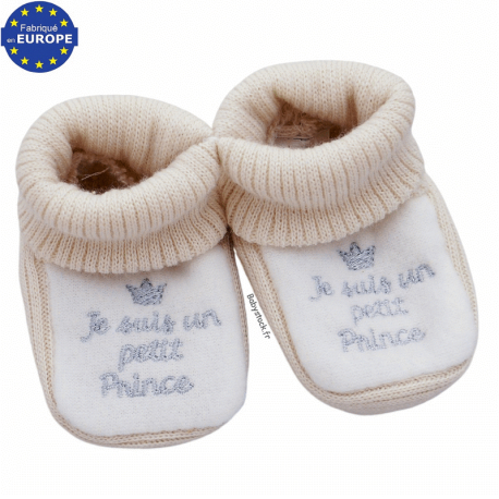 Chaussons b&eacute;b&eacute; gar&ccedil;on maille beige brod&eacute; Je suis un petit Prince