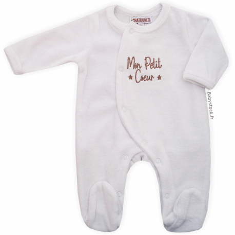 Pyjama dors bien unisexe velours blanc brod&eacute; Mon petit coeur beige