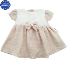 Robe b&eacute;b&eacute; fille en gaze coton beige naturel et piqu&eacute; blanc 