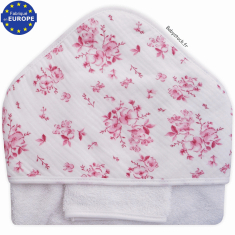 Sortie de bain b&eacute;b&eacute; avec capuche gaze coton imprim&eacute; Fleurs roses
