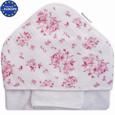 Sortie de bain b&eacute;b&eacute; avec capuche gaze coton imprim&eacute; Fleurs roses