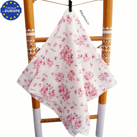 Lange b&eacute;b&eacute; fille en gaze 100% coton imprim&eacute; Fleurs rose th&eacute;