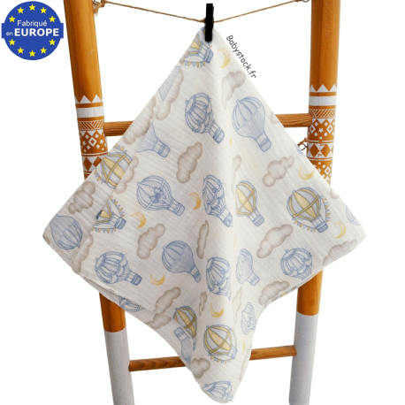 Lange b&eacute;b&eacute; gar&ccedil;on gaze 100% coton imprim&eacute; Montgolfi&egrave;re bleu